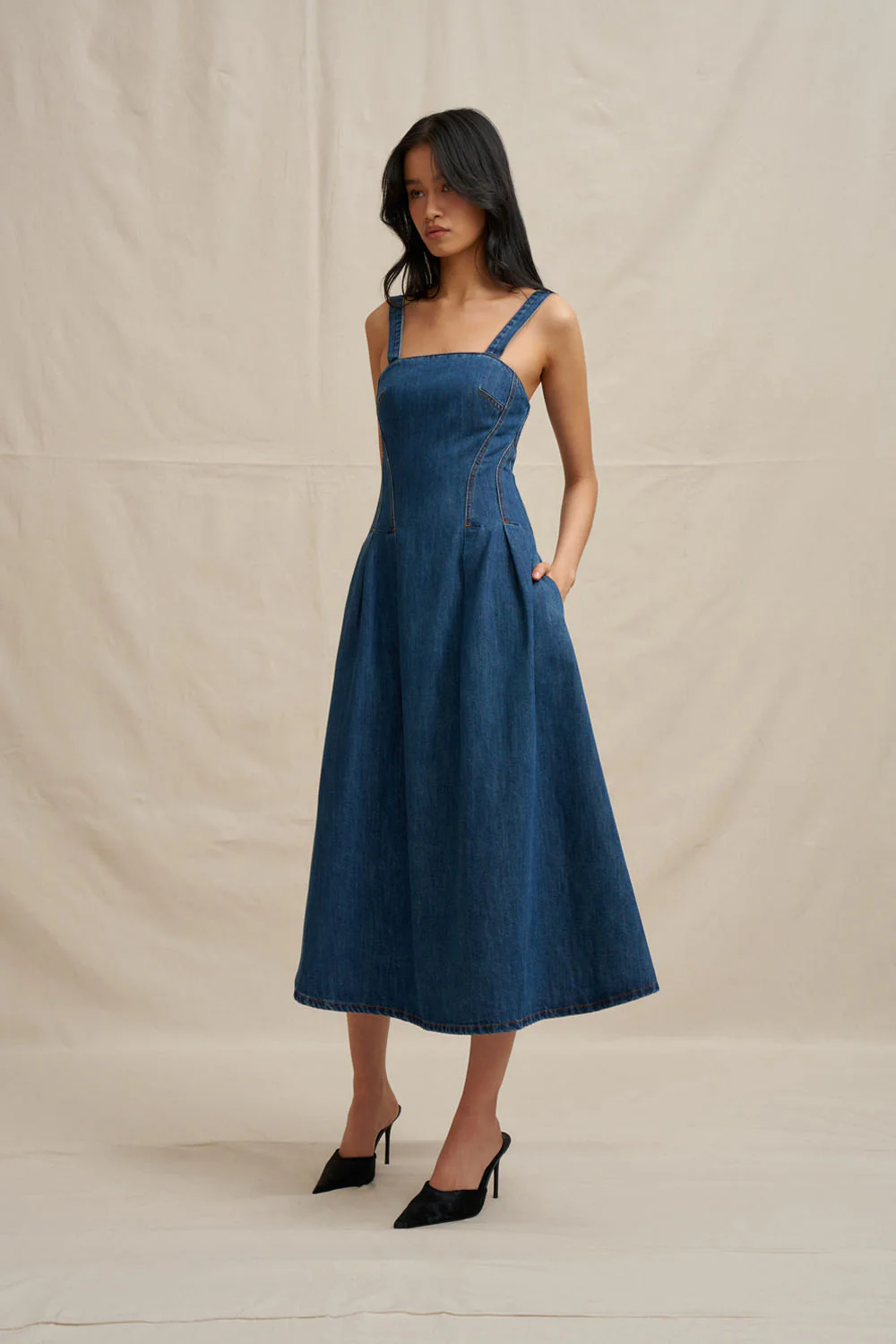 Astrid Denim Midi Dress - Dark Blue Denim - Image 3