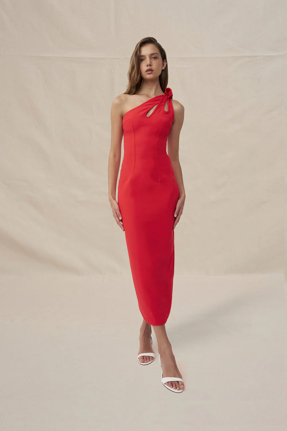 Chiara One Shoulder Midi Dress - Red - Image 3