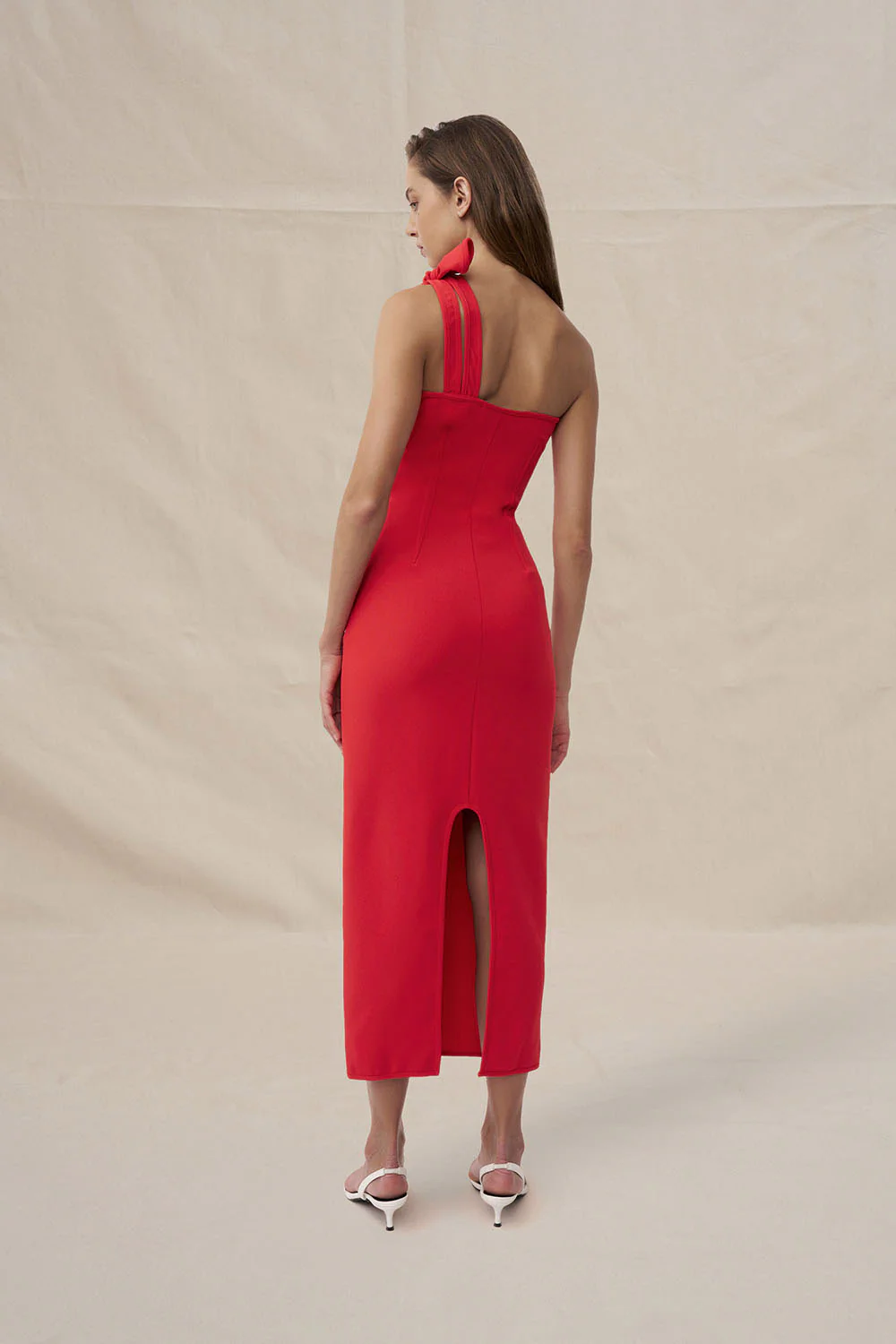 Chiara One Shoulder Midi Dress - Red - Image 6