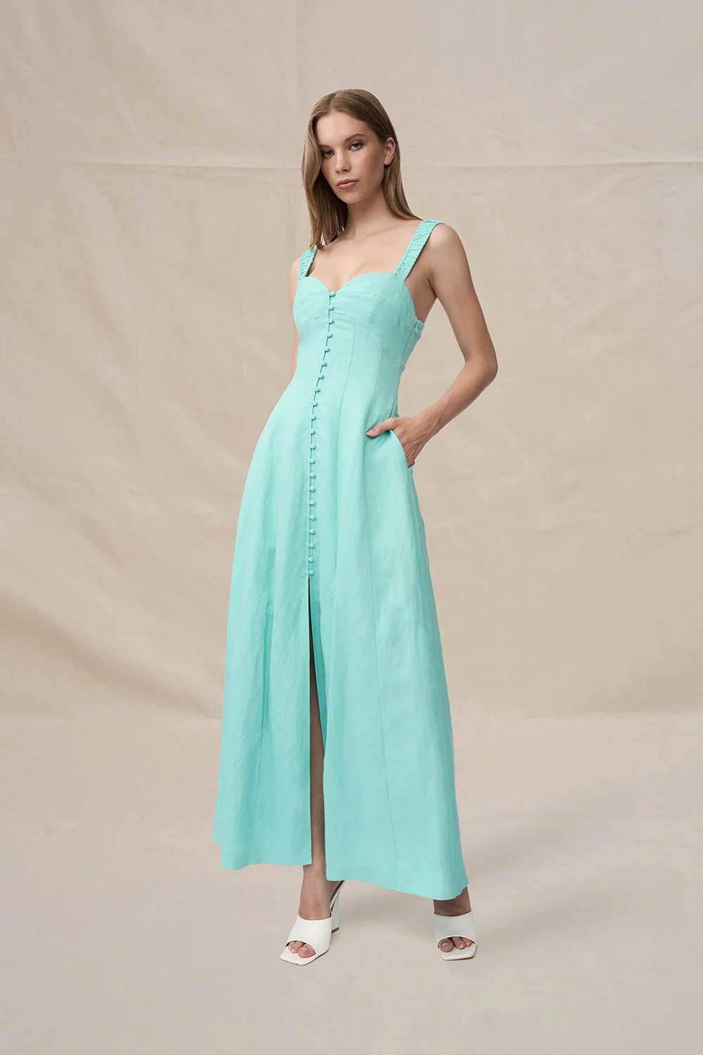 Giovanna Button Down Ankle Length Dress - Aqua