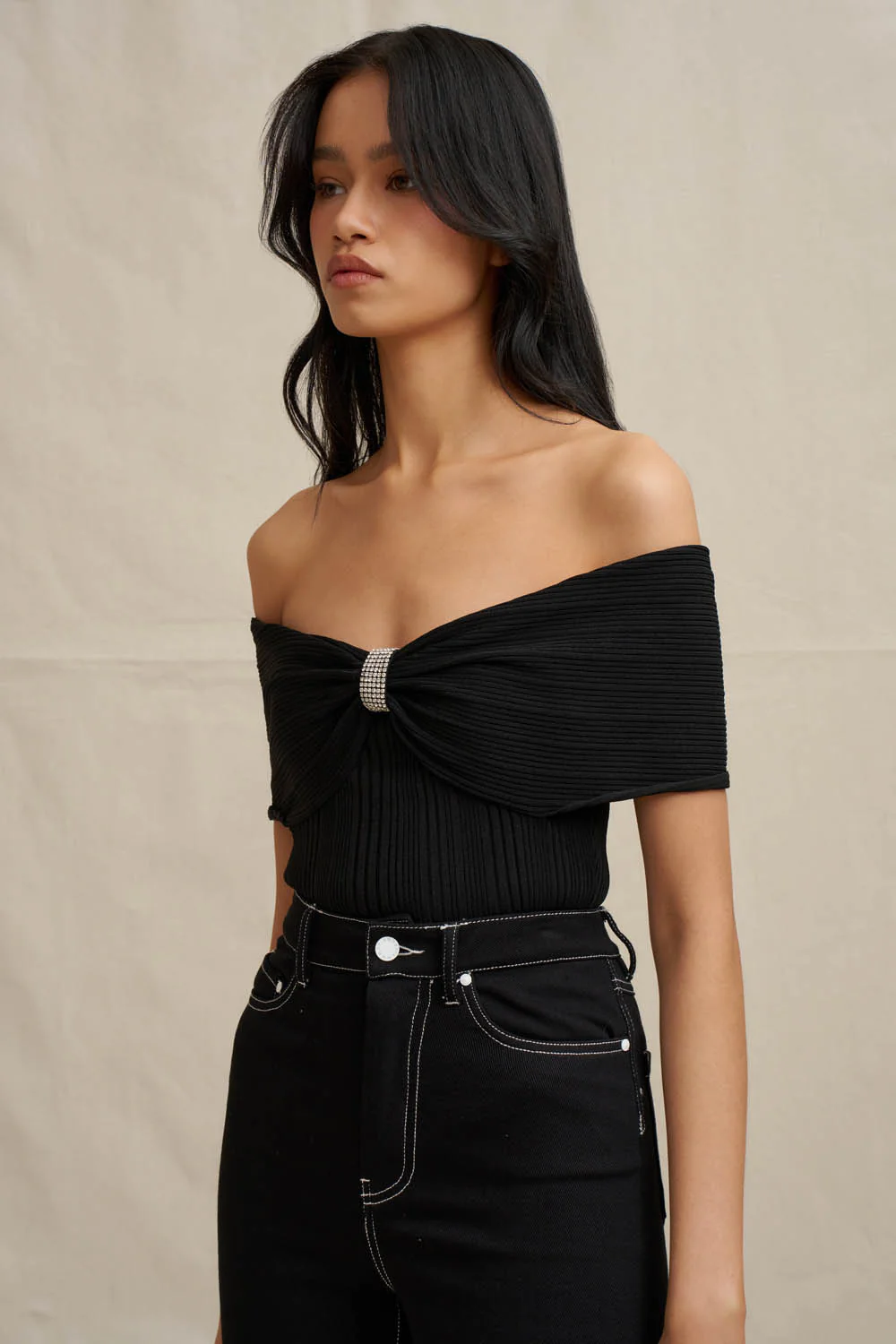 Luelle Off Shoulder Knit Top - Black - Image 2