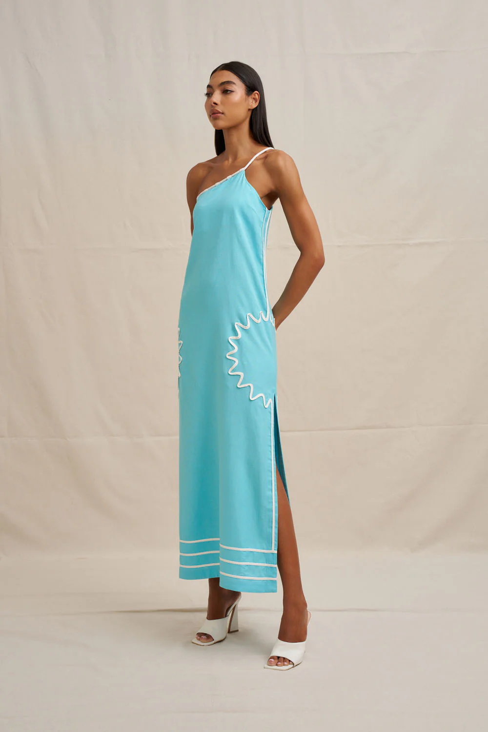 Oasis One Shoulder Maxi Dress - Ivory Aqua Blue - Image 3