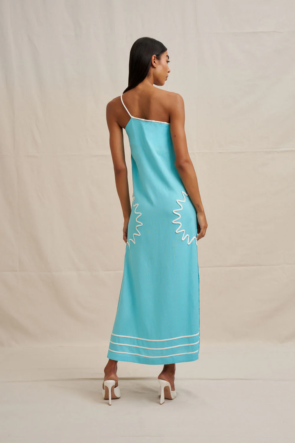 Oasis One Shoulder Maxi Dress - Ivory Aqua Blue - Image 4