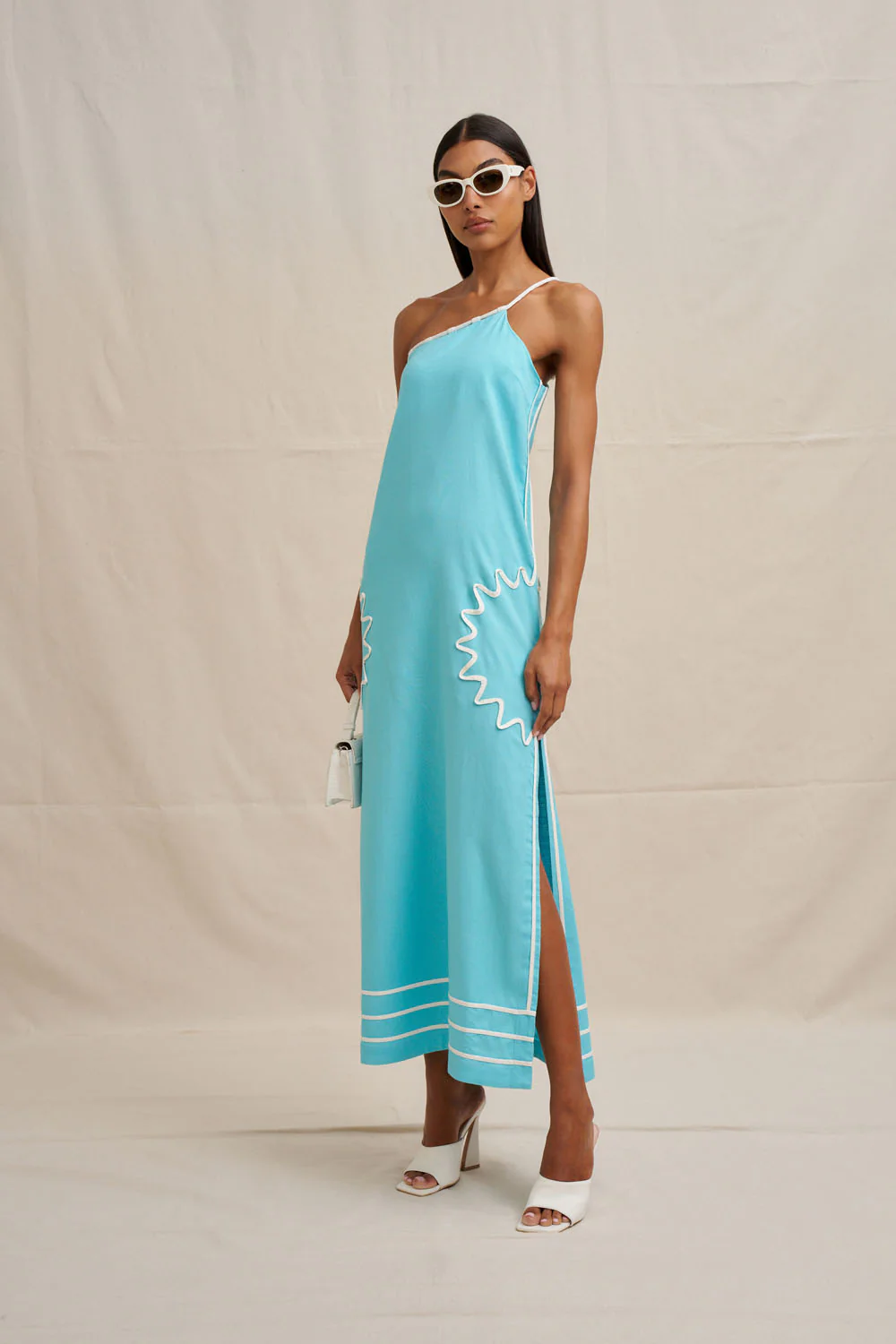 Oasis One Shoulder Maxi Dress - Ivory Aqua Blue - Image 5