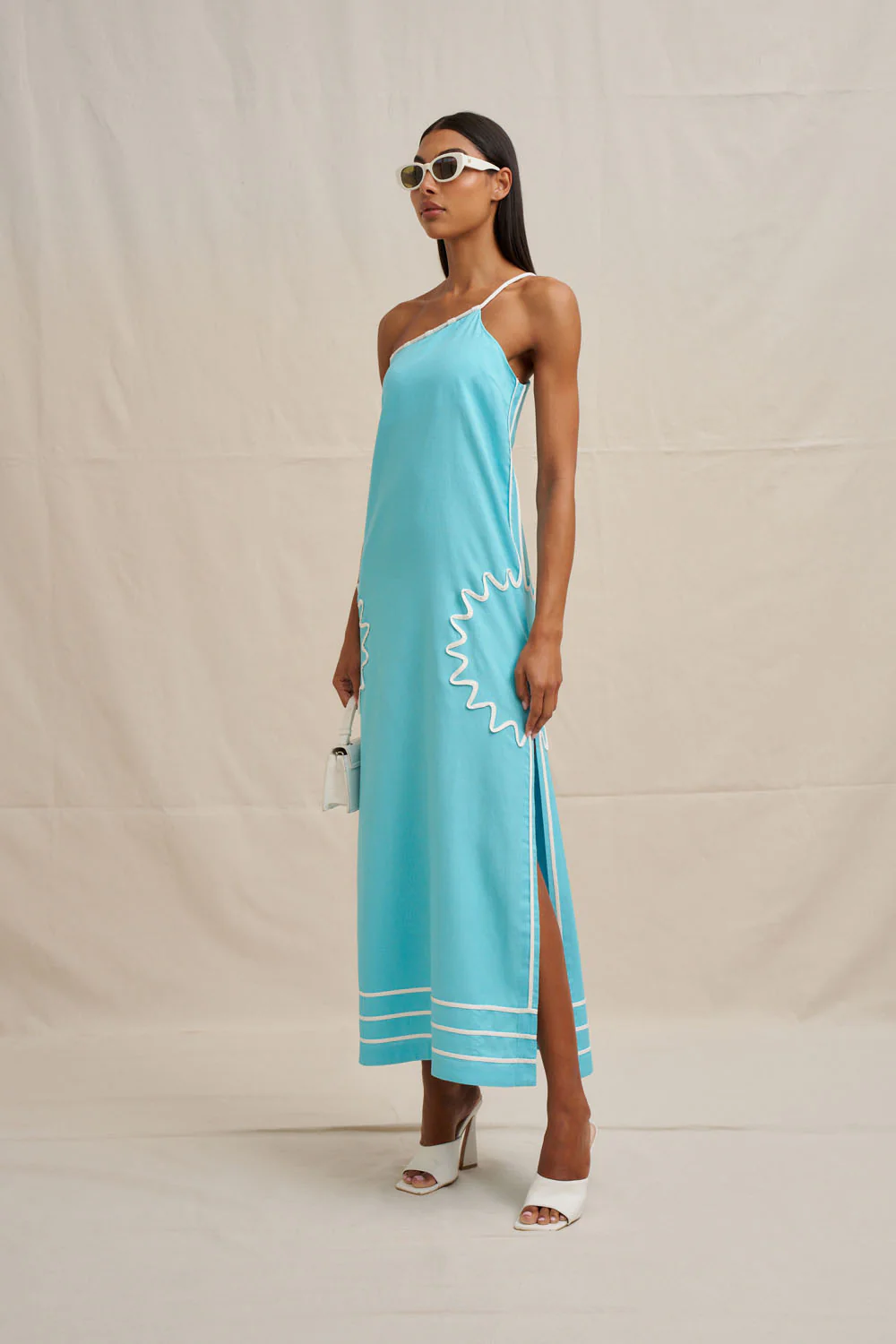 Oasis One Shoulder Maxi Dress - Ivory Aqua Blue - Image 6