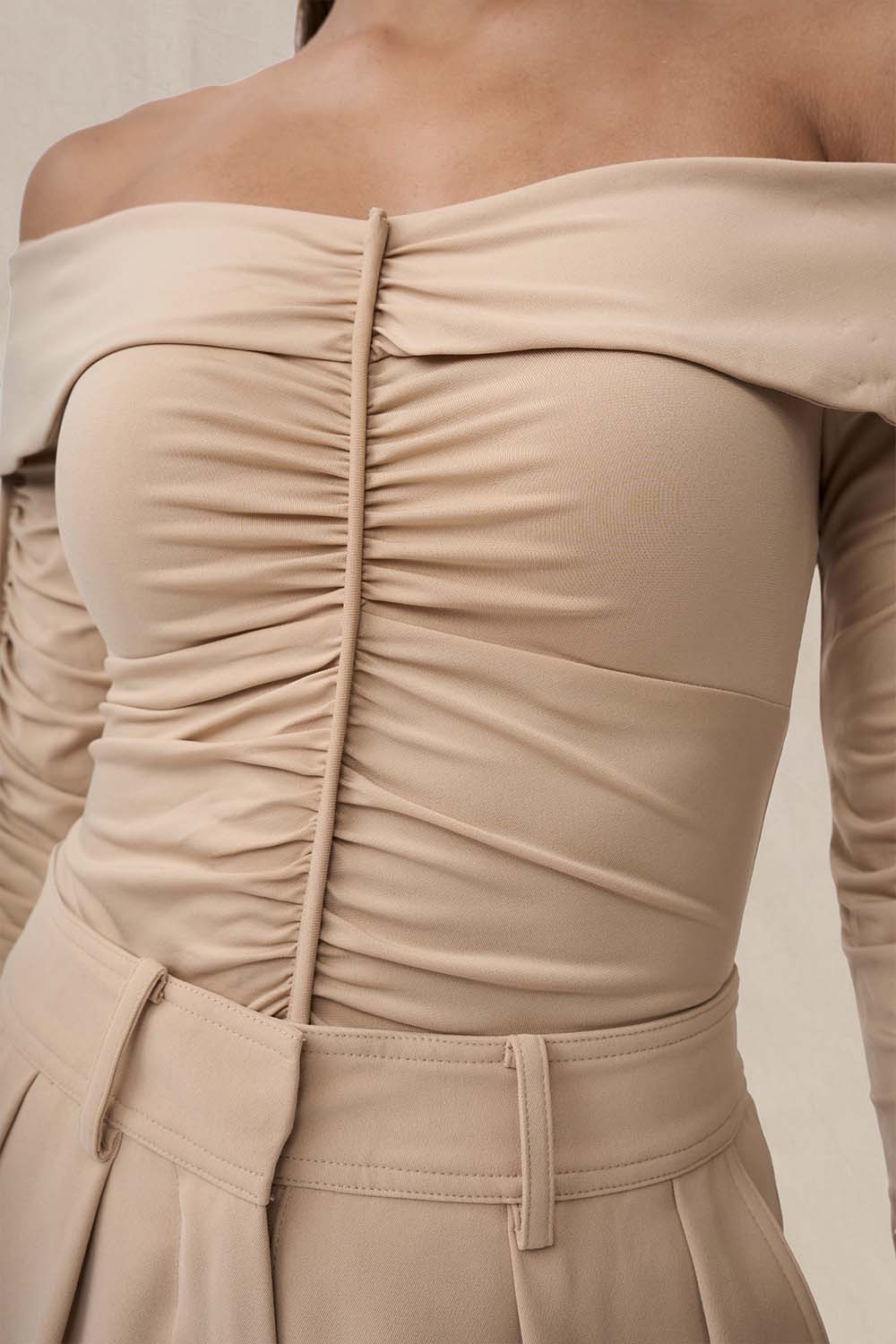Off Shoulder Gather Top - Sand - Image 3