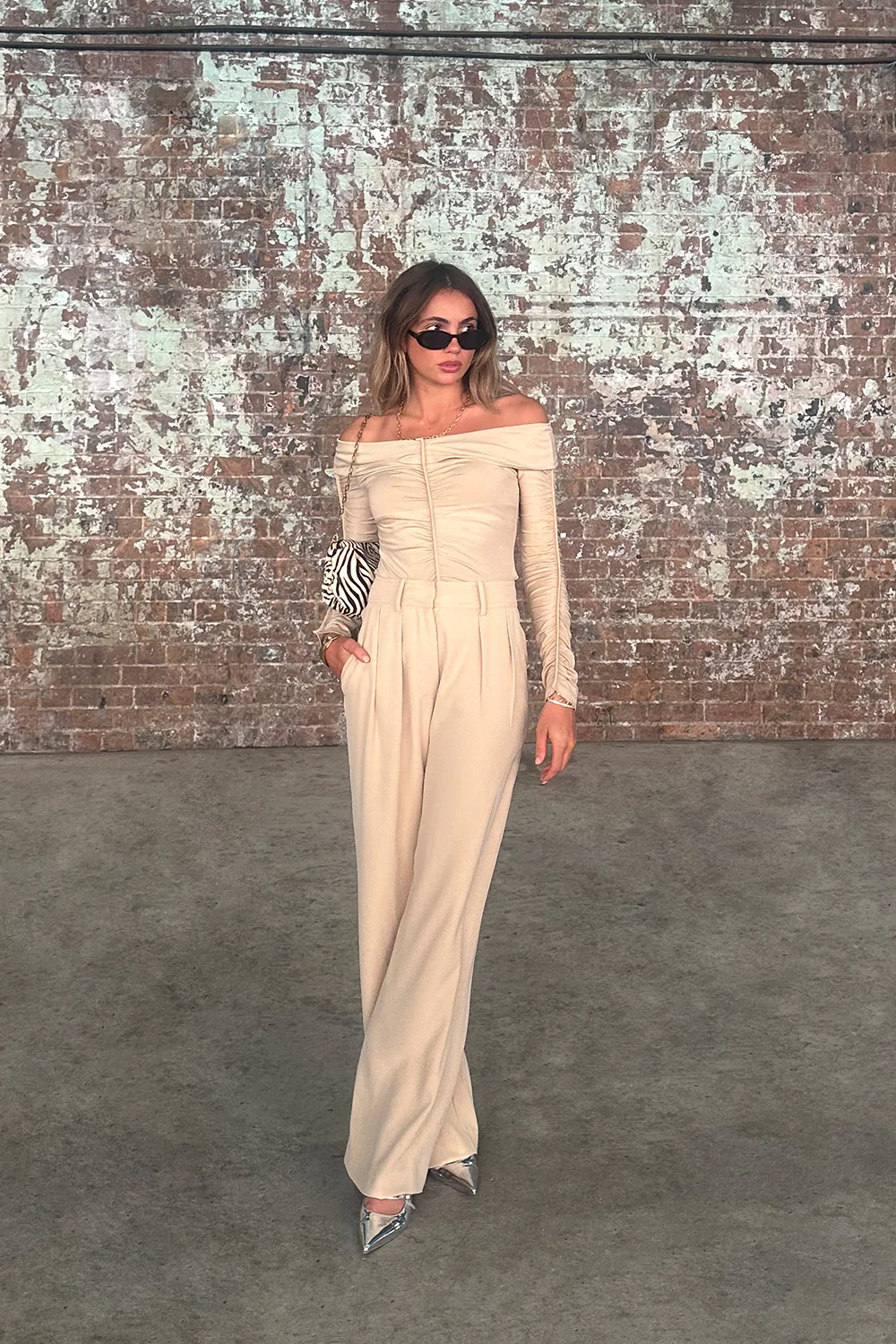 Off Shoulder Gather Top - Sand - Image 4