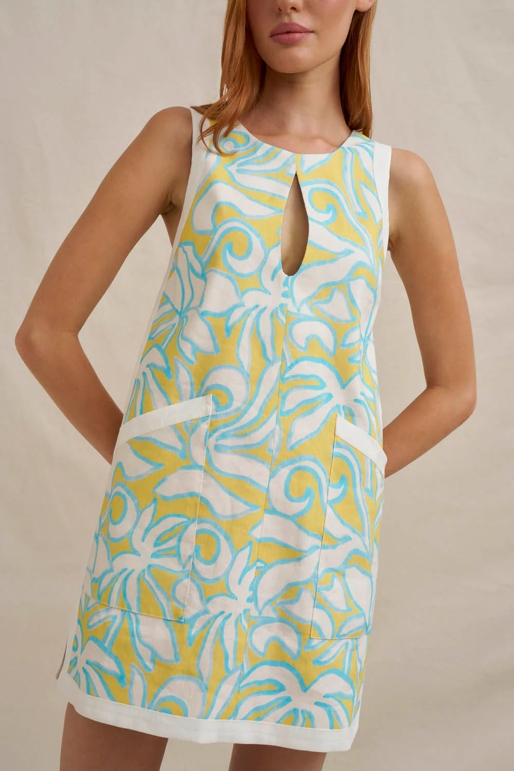 Painted Palm Contrast Mini Dress - Yellow Blue Ivory - Image 3
