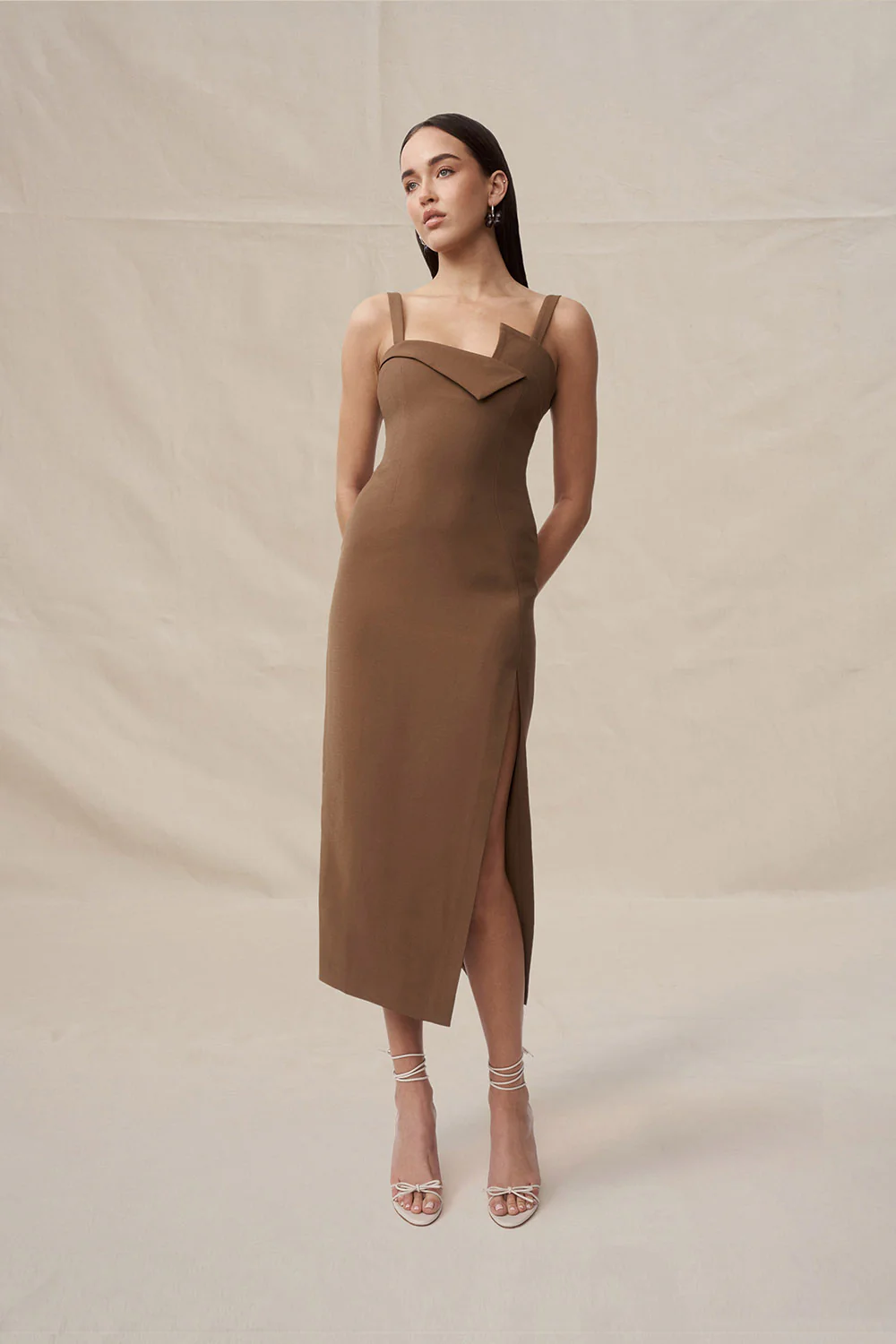 Phillipa Fold Contrast Midi Dress - Chocolate Brown - Image 4
