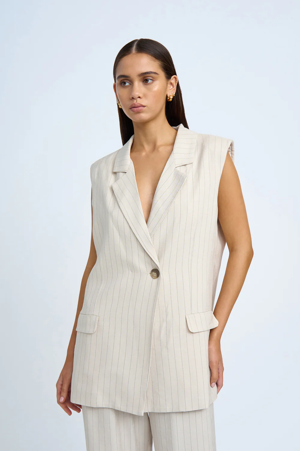 Rumi Sleeveless Pinstripe Blazer | Final Sale - Oat Black Pinstripe - Image 2
