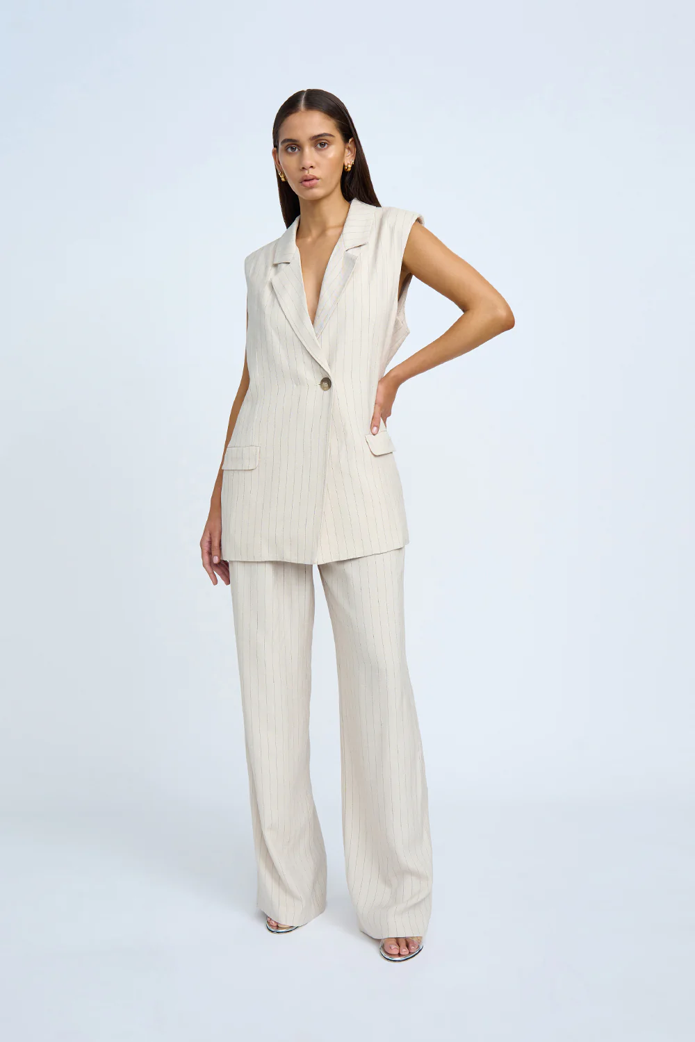 Rumi Sleeveless Pinstripe Blazer | Final Sale - Oat Black Pinstripe - Image 5