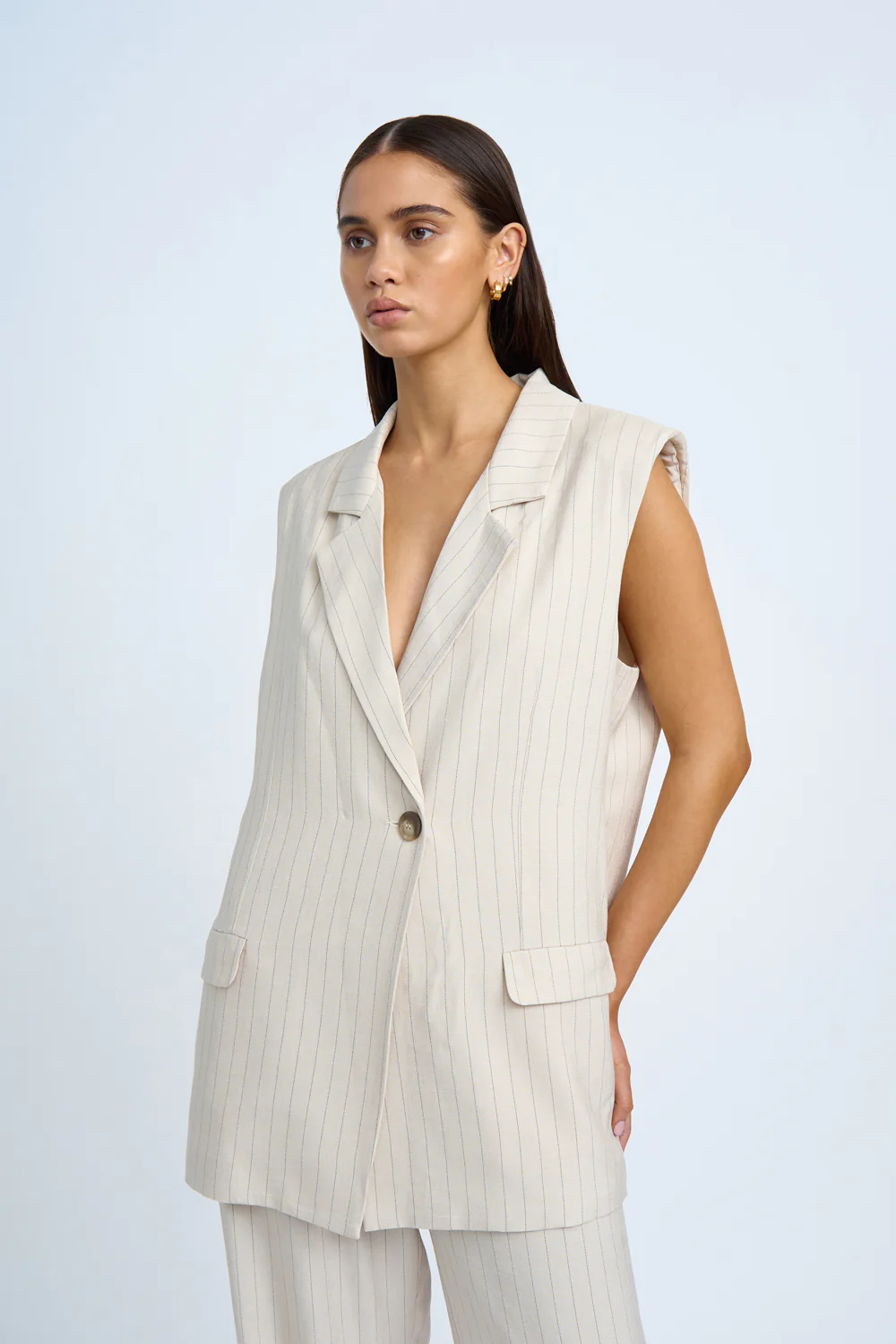 Rumi Sleeveless Pinstripe Blazer | Final Sale - Oat Black Pinstripe - Image 7