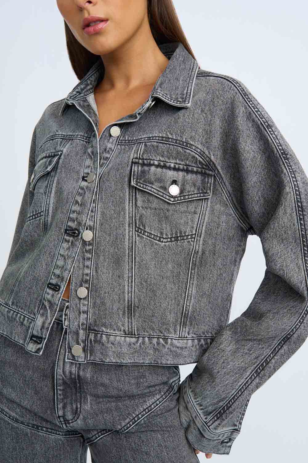 Rebel Crop Denim Jacket | Final Sale - Grey Stone Wash - Image 2