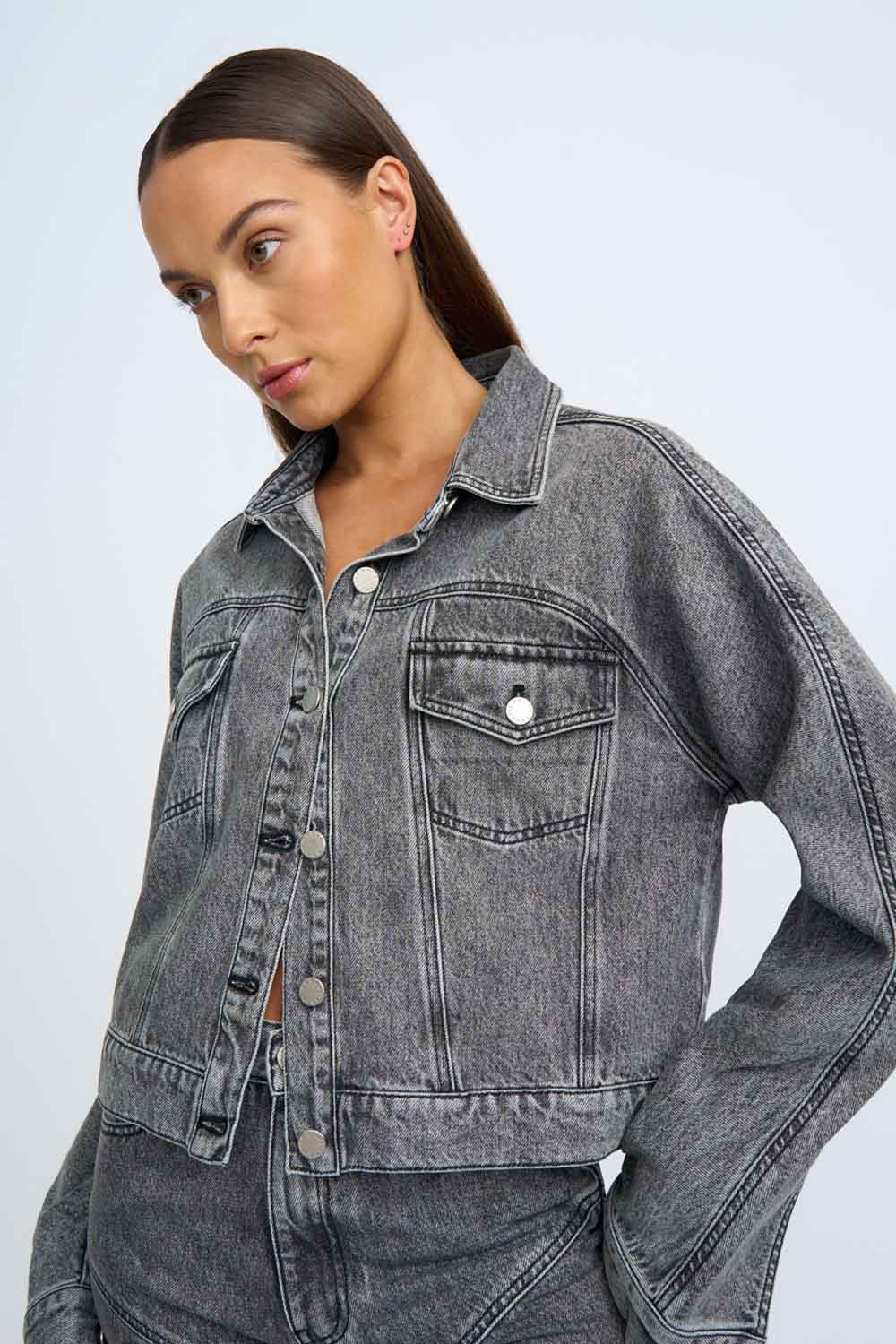 Rebel Crop Denim Jacket | Final Sale - Grey Stone Wash - Image 6